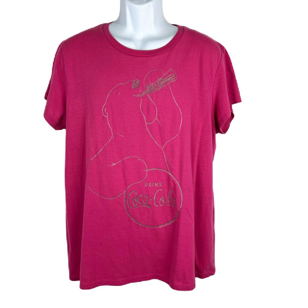 Coca-Cola Shirt Women XXL Pink Short Sleeve Silver Polar Bear Sparkly Coke Top
